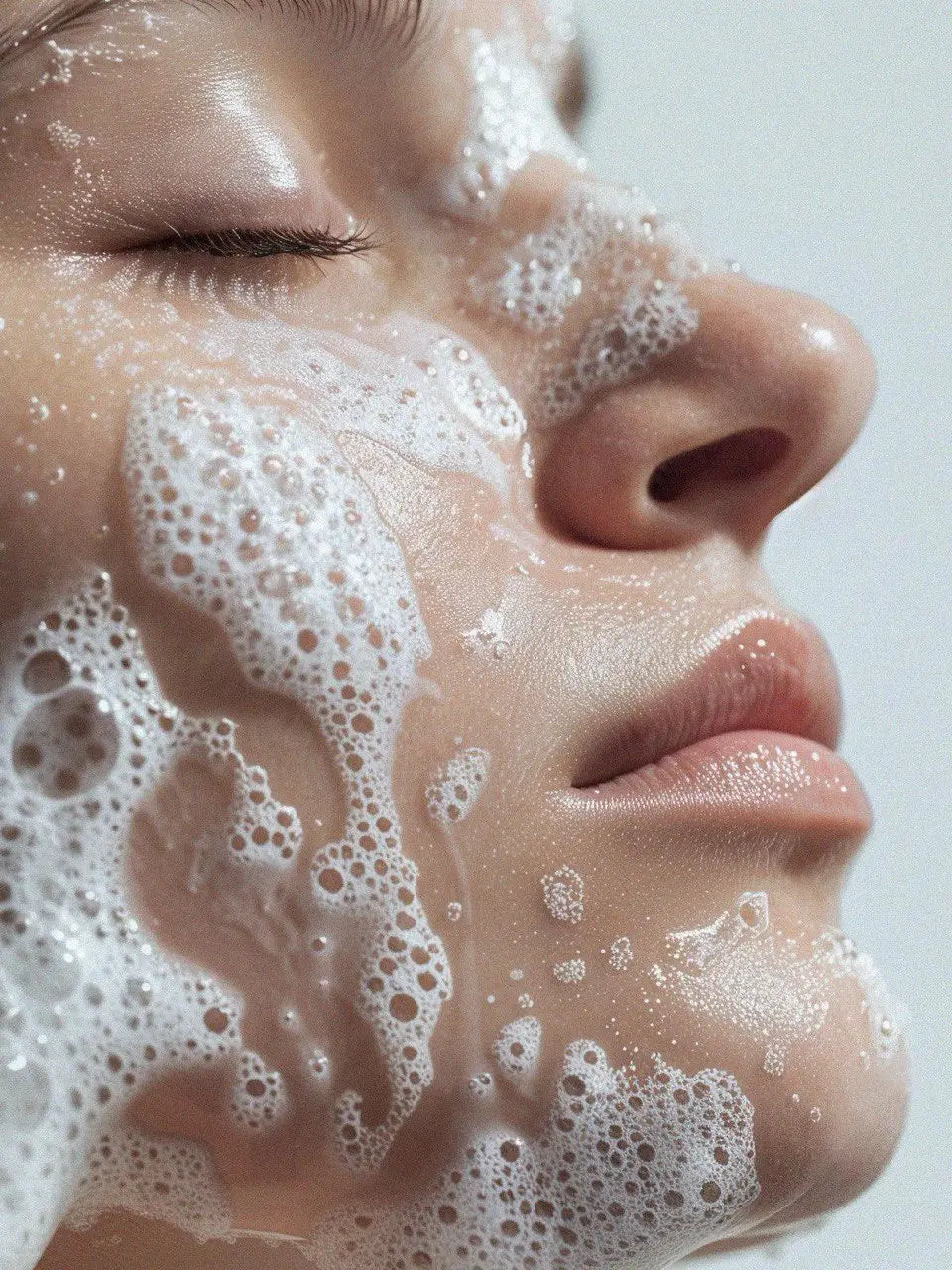 White soap bubbles and foam gliding on wet skin for perfect skincare with concealer.