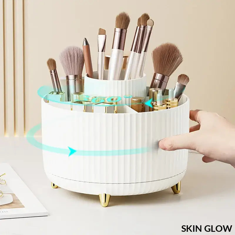 Stylish White Rotating Makeup Desktop Storage Box with Mint Green Accents and Gold Feet