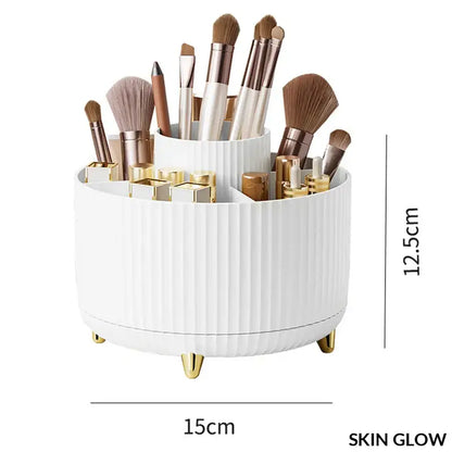 White ribbed Makeup Desktop Storage Box with gold accents and compartments, rotating makeup holder