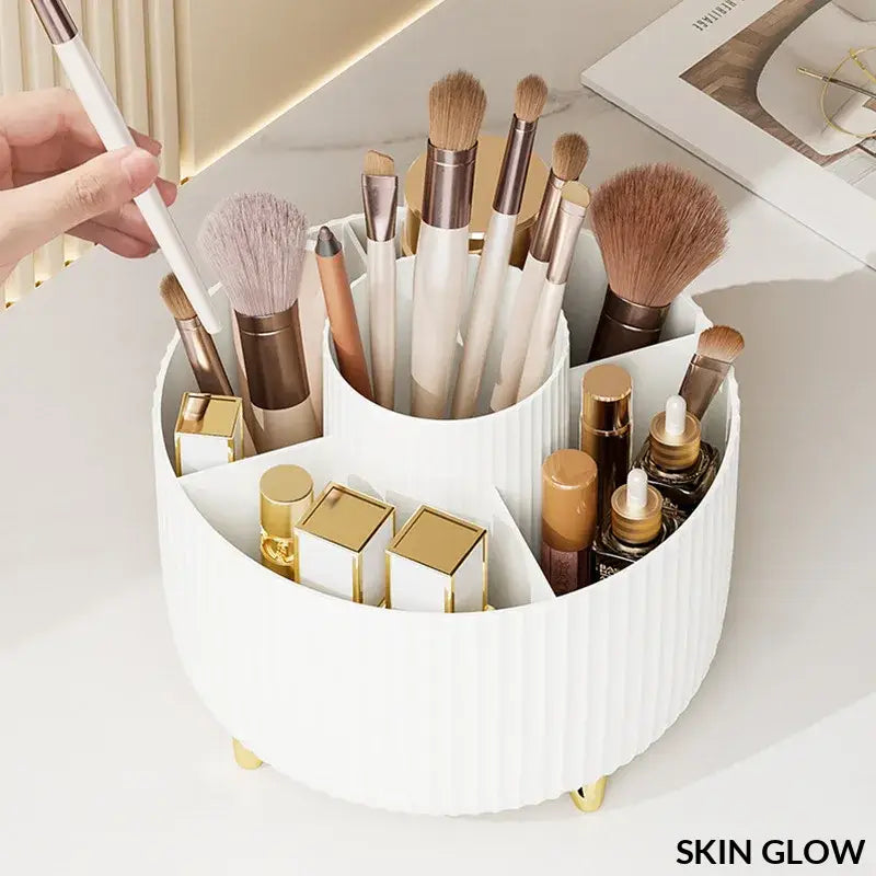 White rotating makeup desktop storage box with compartments for brushes and cosmetics