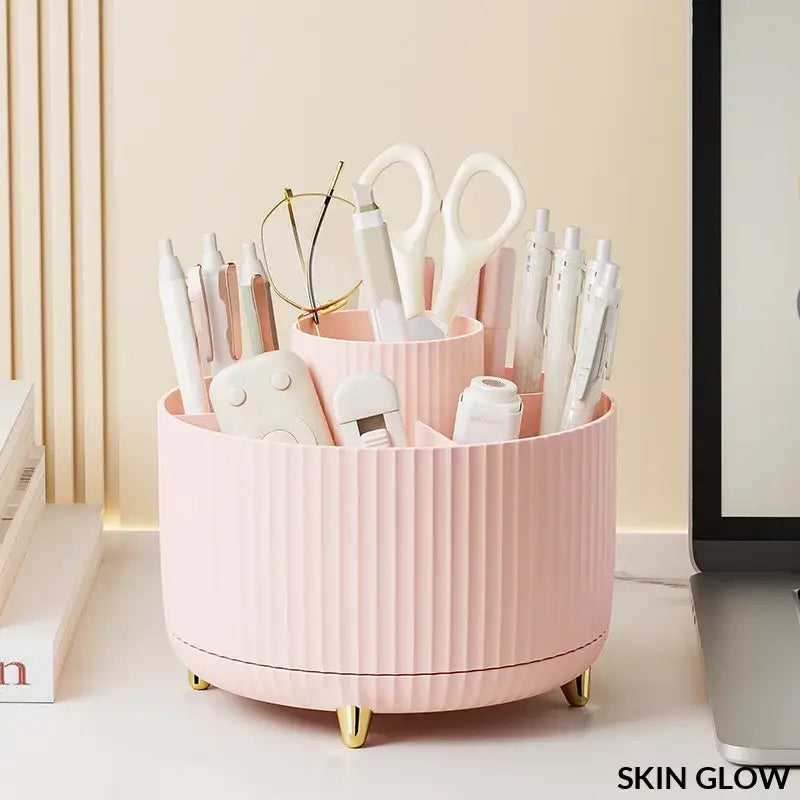 Pink ribbed circular desk organizer with gold feet for rotating makeup desktop storage