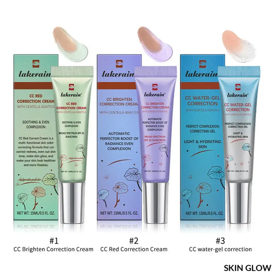 Three Lakerin CC Red Correction Creams in mint green, purple, and blue with swatches