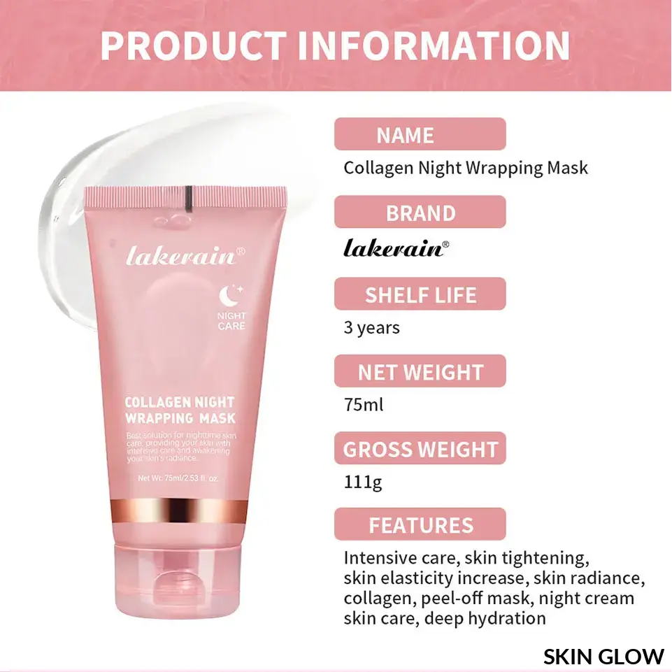 Pink Lakerain Collagen Night Wrapping Mask with product info for glowing skin