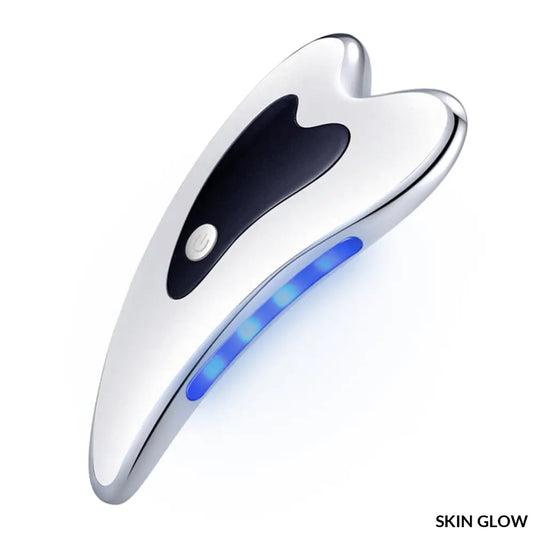 White Electric Guasha Scraper Board with blue LED lights for skincare and face massaging