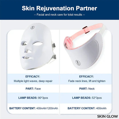 LED light therapy mask and neck beauty machine for skin rejuvenation treatments