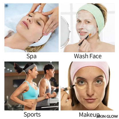 Four-panel image of self-care activities with Headband Makeup Accessories for spa fun