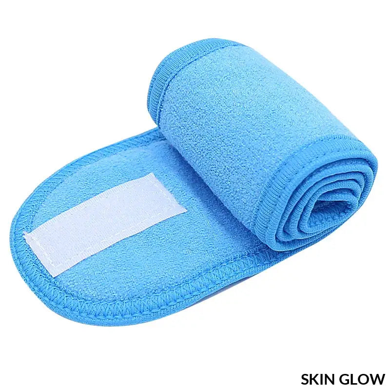 Light blue microfiber headband for makeup accessories and face washing at the bath spa