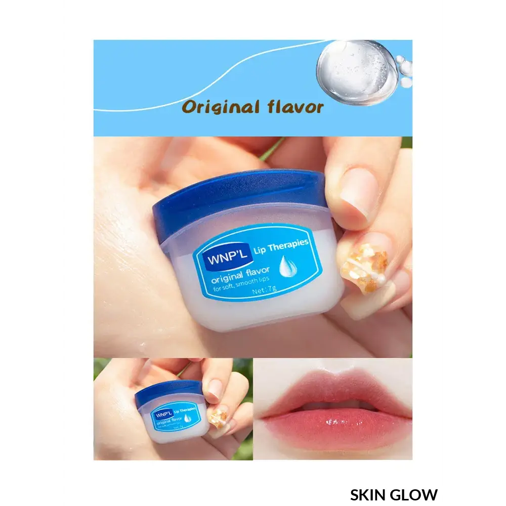 Blue-lidded petroleum jelly container labeled Original flavor for Healing Moisturizing All-Natural Lip Mask