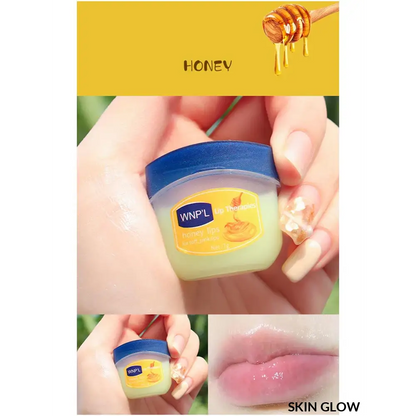 Jar of Vaseline petroleum jelly with honey for lip balm healing and moisturizing all-natural use