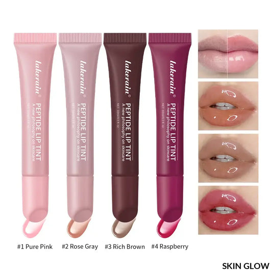 Four shades of long-lasting moisturizing lipstick with matching lip swatches