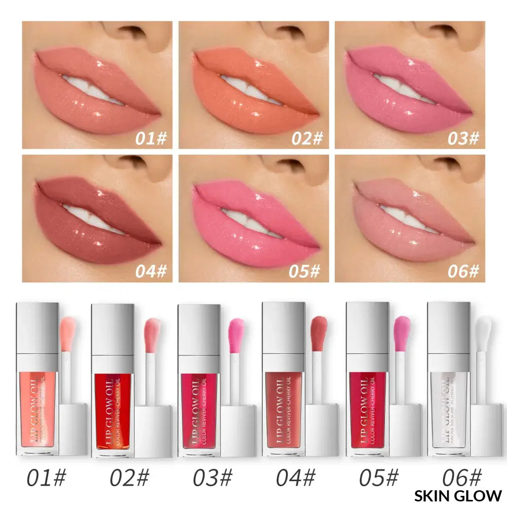 Collection of lip oil glosses in pink and coral shades with swatches above