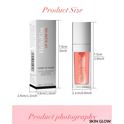 Product size diagram showcasing dimensions of Lip Oil Gloss container and packaging box