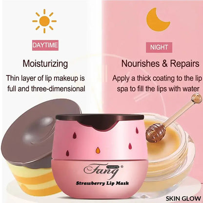 Pink strawberry lip sleep mask container with removable lid for a perfect sleep mask night