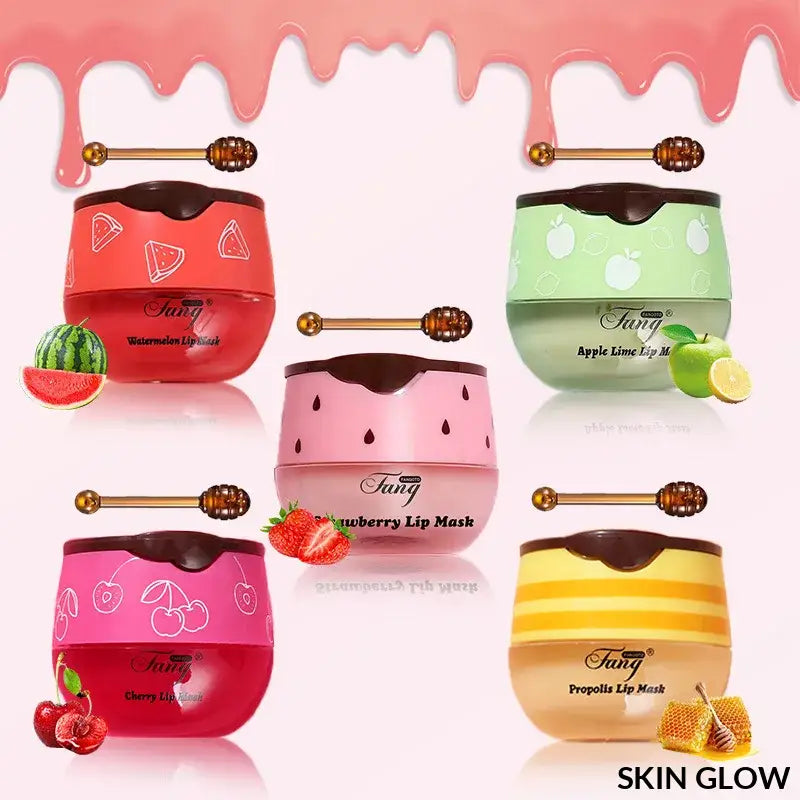 Colorful fruit-flavored Lip Sleep Mask jars with honey dipper decor for a cozy sleep mask night