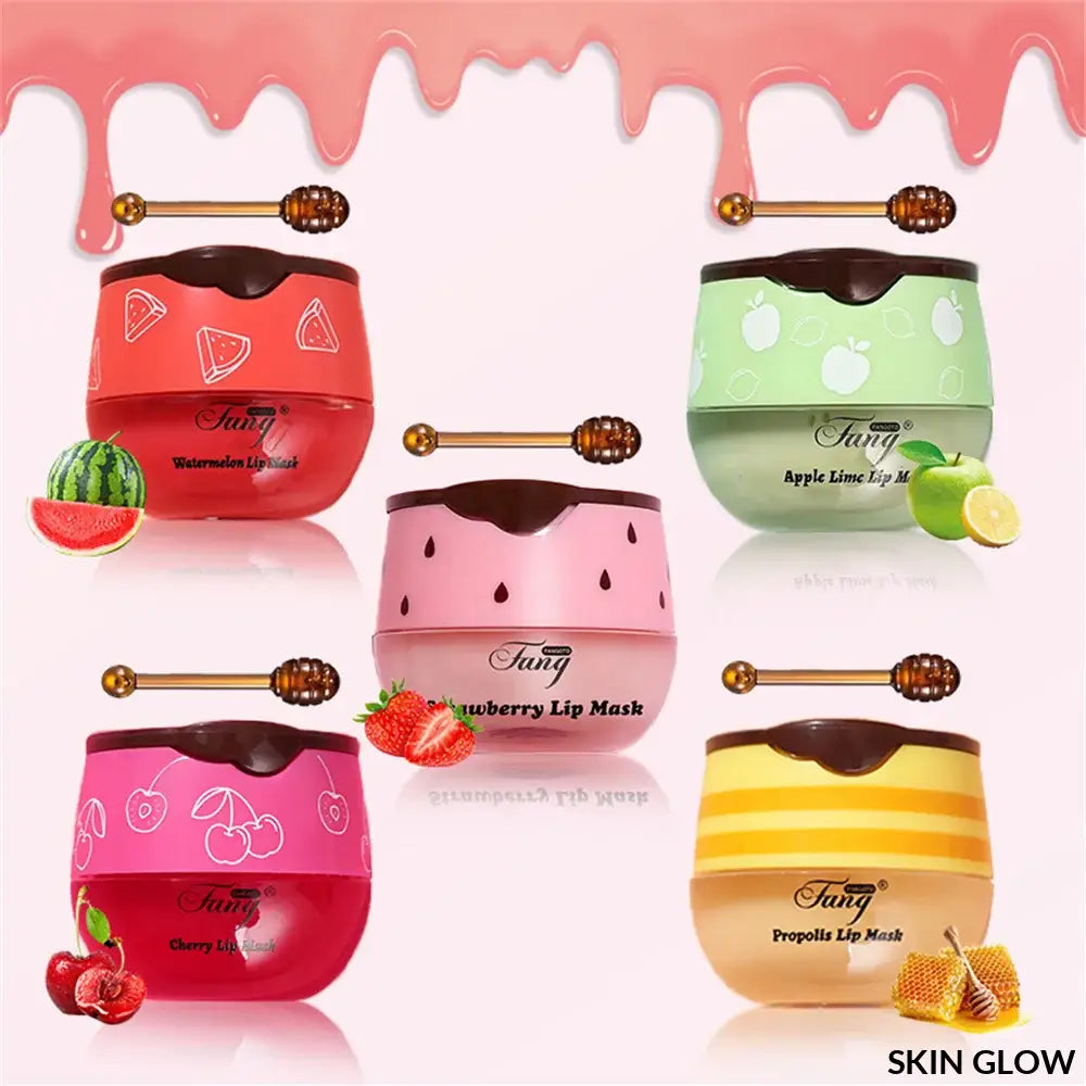 Colorful fruit-flavored Lip Sleep Masks with honey dipper decor for a cozy sleep mask night