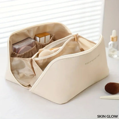 Cream-colored Makeup Organizer Kit bag with compartments for makeup and beauty products