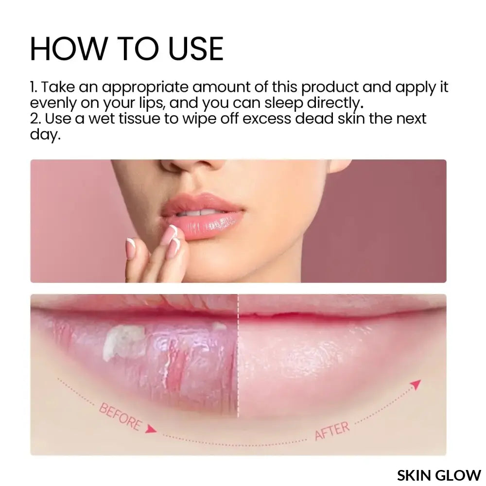 Instructions and before/after photos of Moisturizing Sleeping Lip Mask Night application