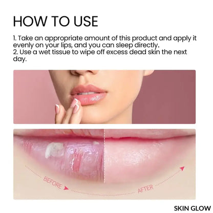 Instructions and before/after photos of Moisturizing Sleeping Lip Mask Night application