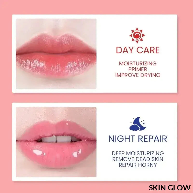 Before and after of glossy pink lips using Moisturizing Sleeping Lip Mask Night