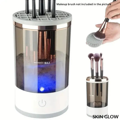 Portable electric makeup brush cleaner with LED lighting and transparent chamber