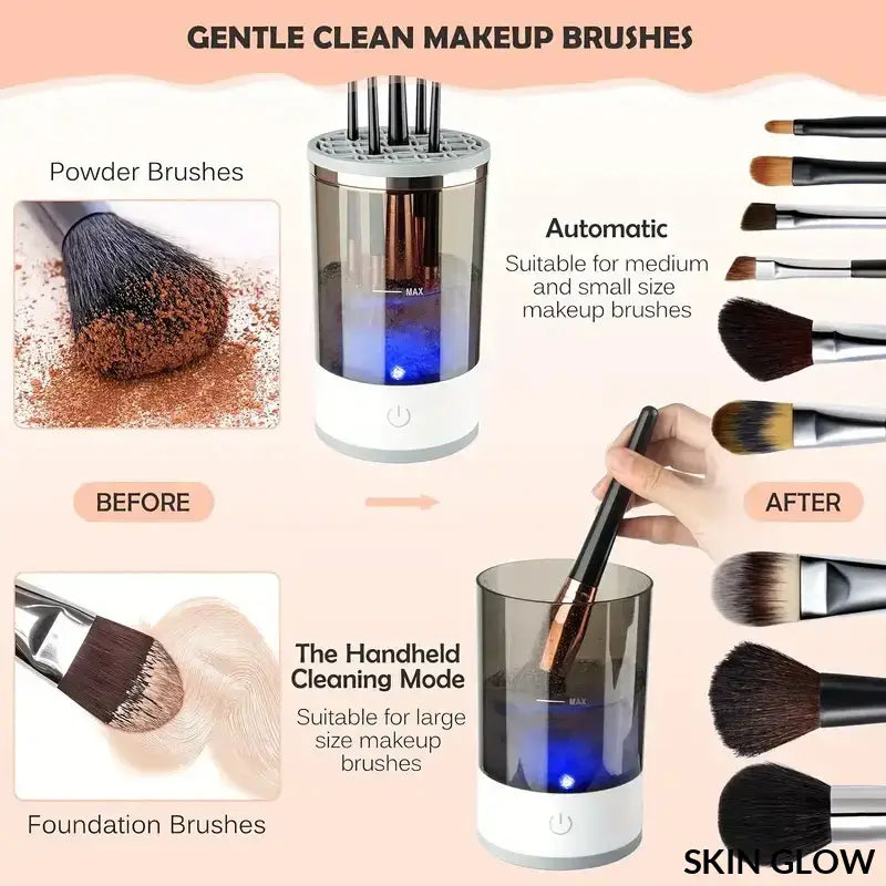 Portable electric makeup brush cleaner with spinning mechanism and LED light base