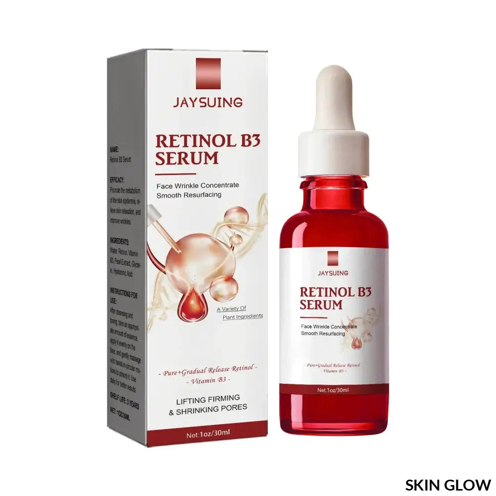 Retinol B3 Face Essence in a red glass bottle for line lifting firming and repair